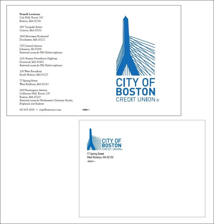 COBCU Thank You Card with West Roxbury Envelope